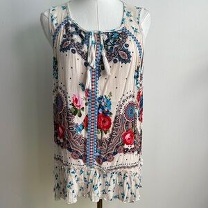 Bila Embroidered Sleeveless Top Floral Paisley Print Boho Peasant Hippie Women L
